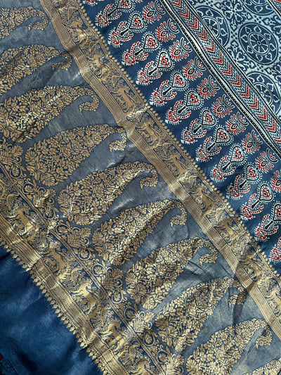Kaushiki:Handblock Ajrakh Dola Silk Saree With Meenakari Pallu.