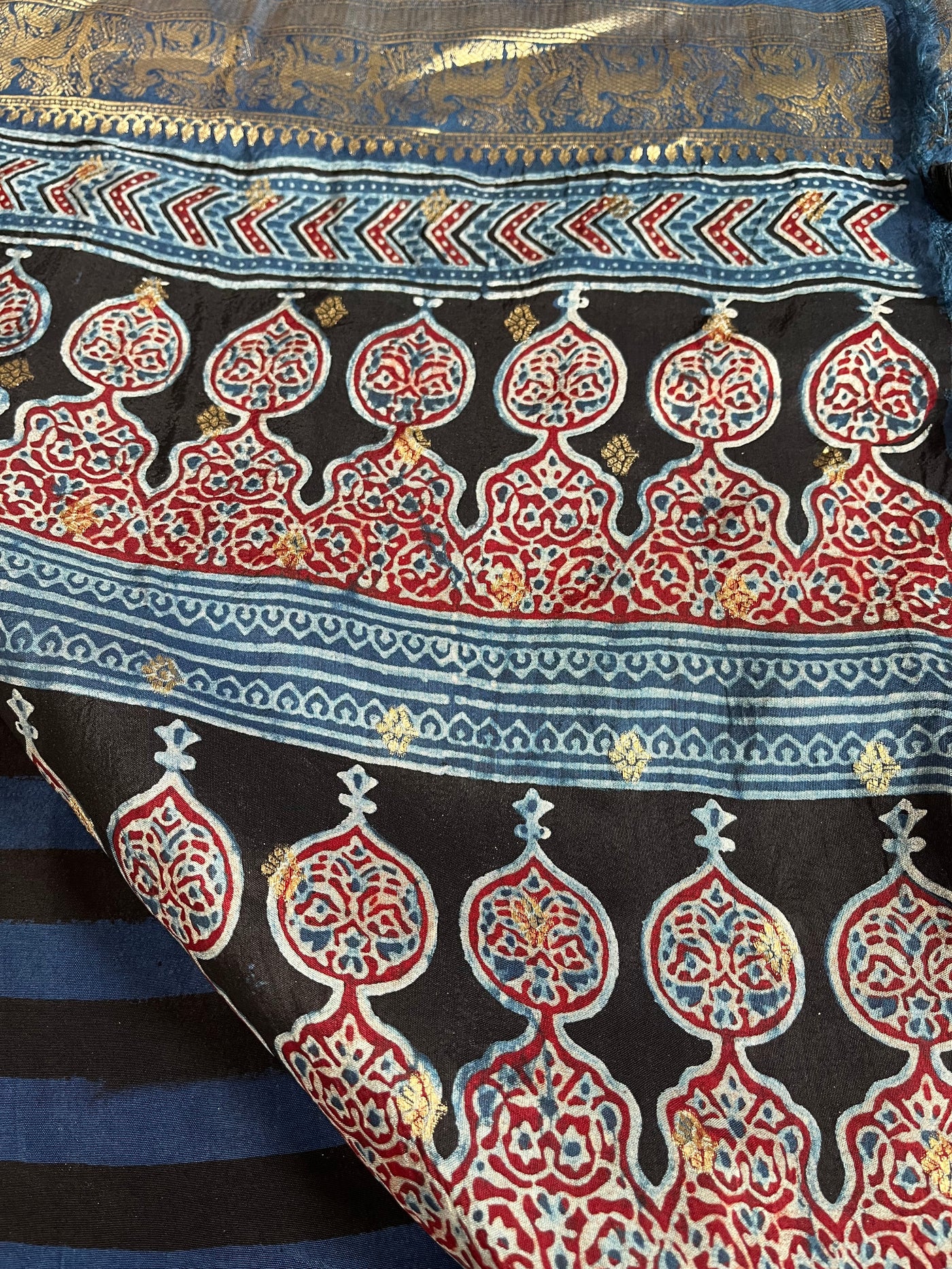 Kaushiki:Handblock Ajrakh Dola Silk Saree With Meenakari Pallu.