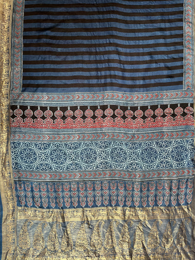 Kaushiki:Handblock Ajrakh Dola Silk Saree With Meenakari Pallu.