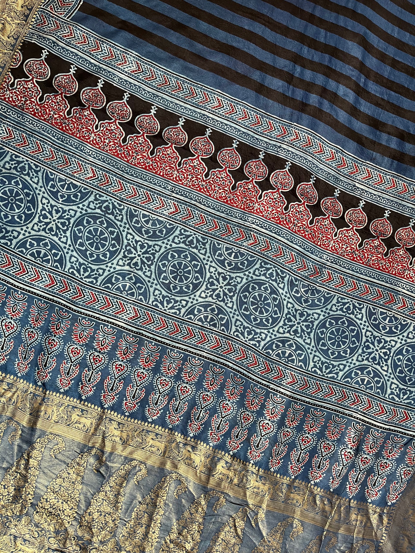 Kaushiki:Handblock Ajrakh Dola Silk Saree With Meenakari Pallu.