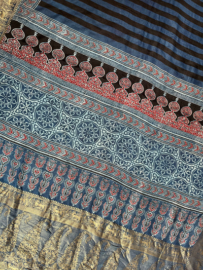 Kaushiki:Handblock Ajrakh Dola Silk Saree With Meenakari Pallu.