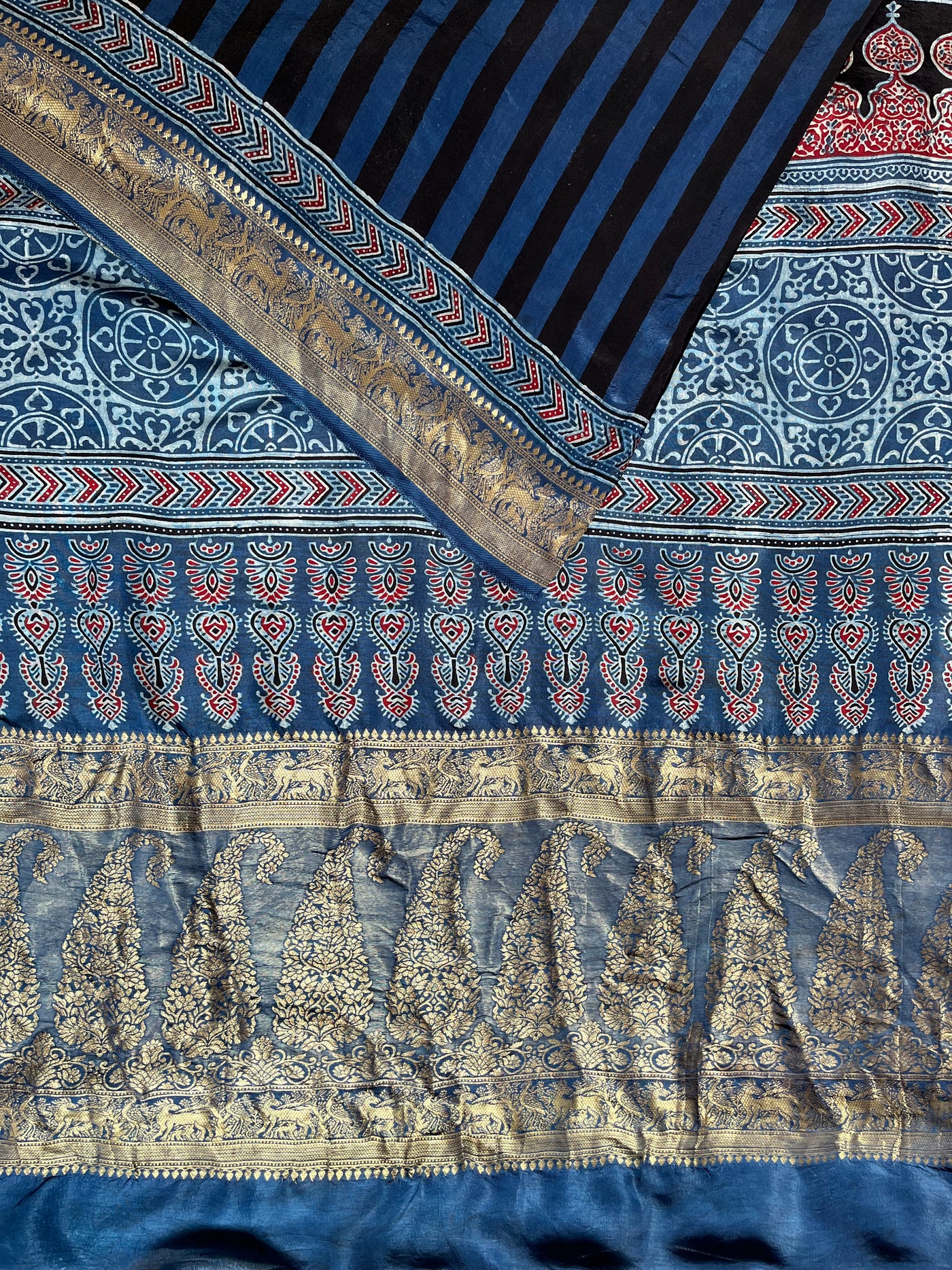 Kaushiki:Handblock Ajrakh Dola Silk Saree With Meenakari Pallu.