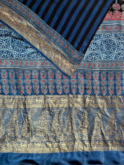 Kaushiki:Handblock Ajrakh Dola Silk Saree With Meenakari Pallu.