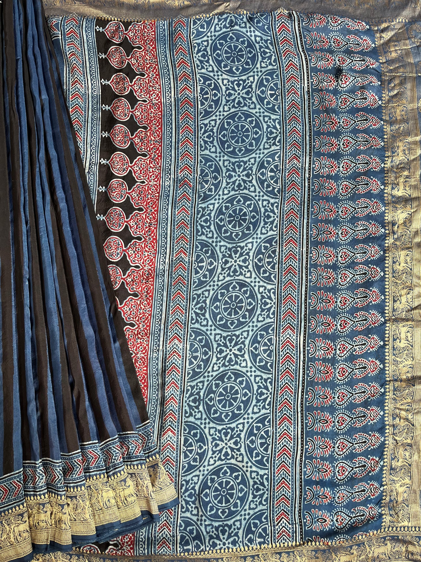 Kaushiki:Handblock Ajrakh Dola Silk Saree With Meenakari Pallu.