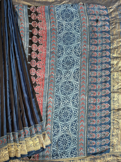 Kaushiki:Handblock Ajrakh Dola Silk Saree With Meenakari Pallu.