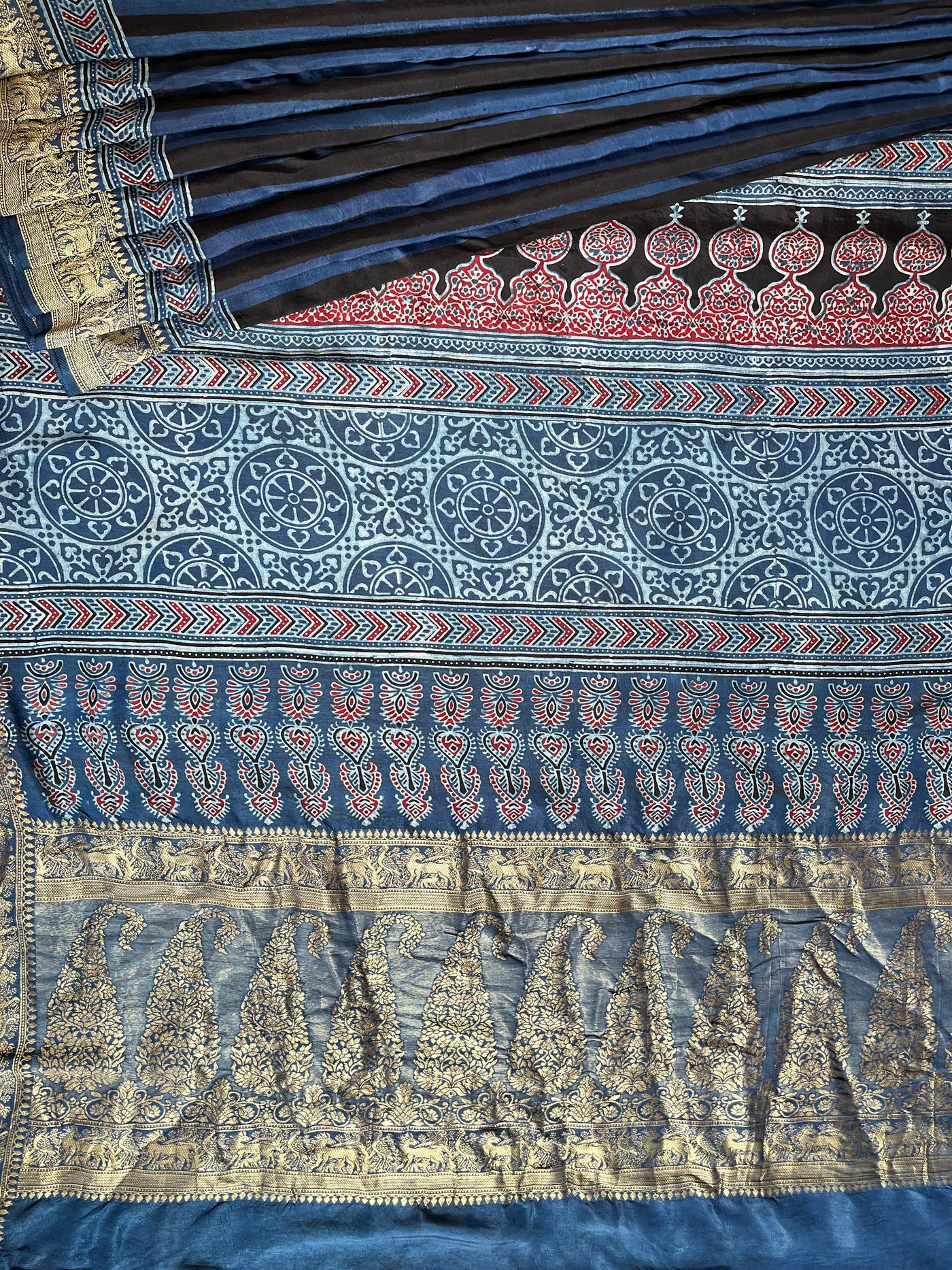 Kaushiki:Handblock Ajrakh Dola Silk Saree With Meenakari Pallu.