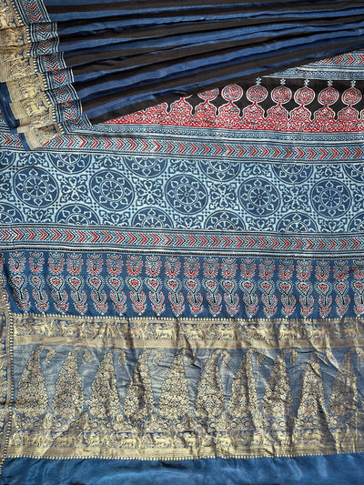 Kaushiki:Handblock Ajrakh Dola Silk Saree With Meenakari Pallu.
