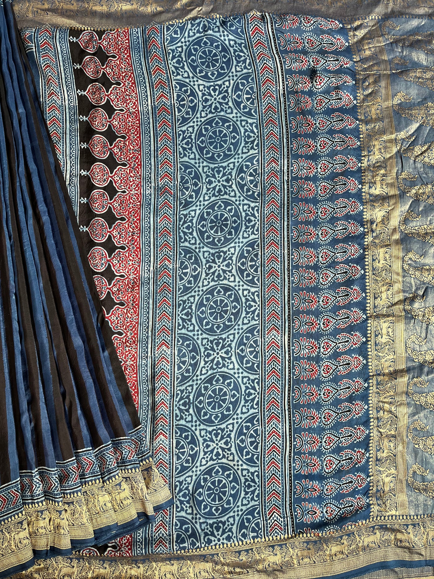 Kaushiki:Handblock Ajrakh Dola Silk Saree With Meenakari Pallu.