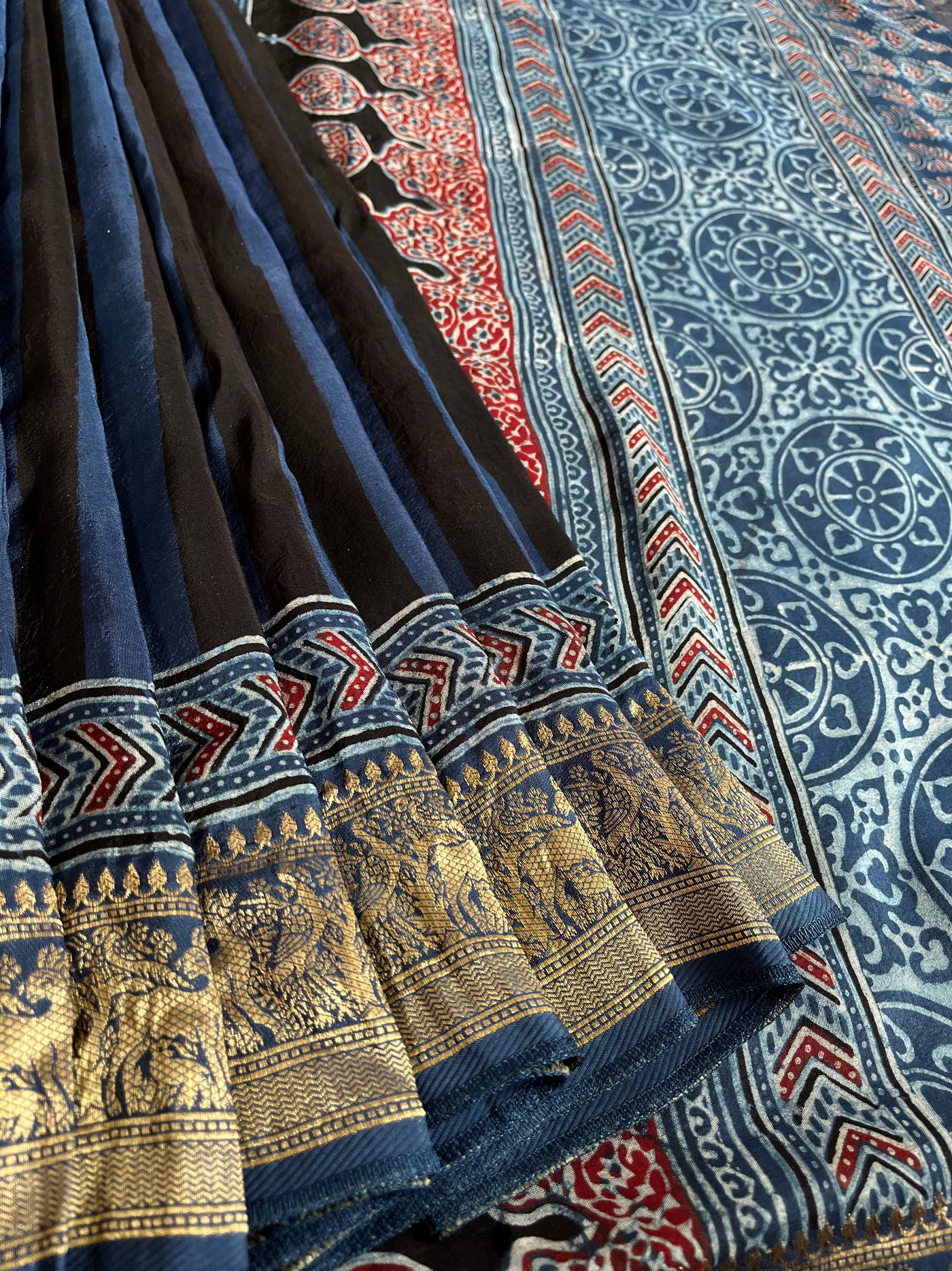 Kaushiki:Handblock Ajrakh Dola Silk Saree With Meenakari Pallu.