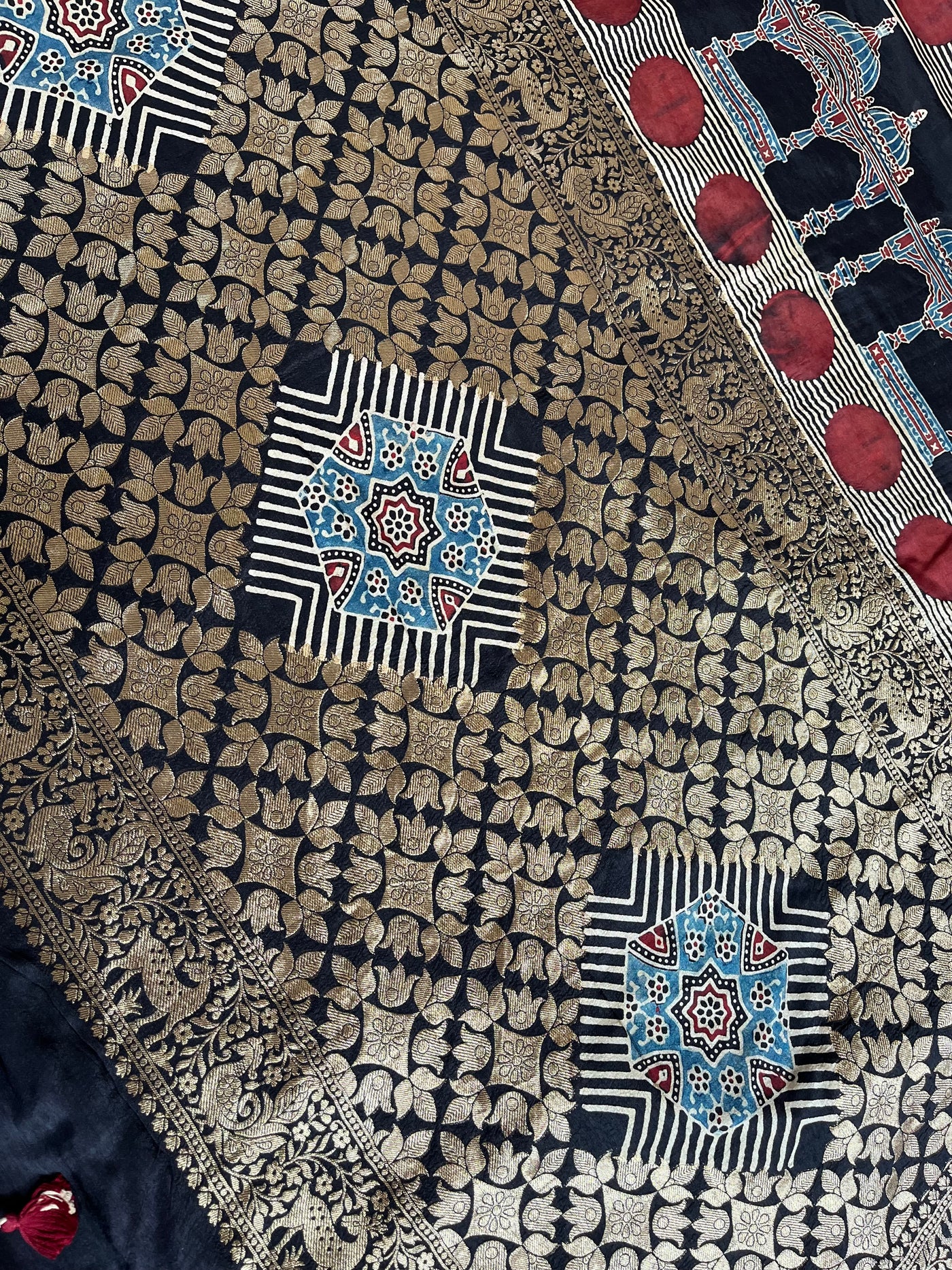 GUNJA:Handblock Ajrakh Dola Silk Ajrakh Saree with Meenakari Pallu