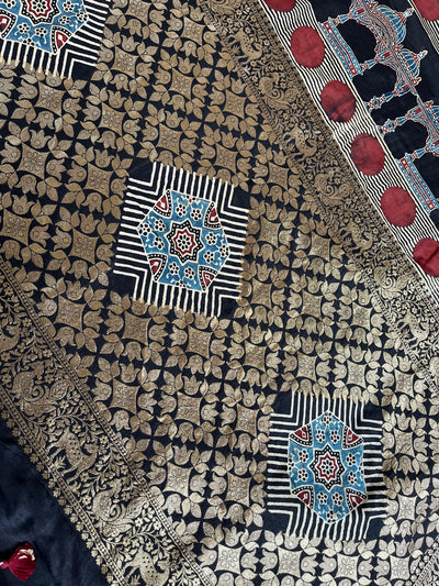 GUNJA:Handblock Ajrakh Dola Silk Ajrakh Saree with Meenakari Pallu