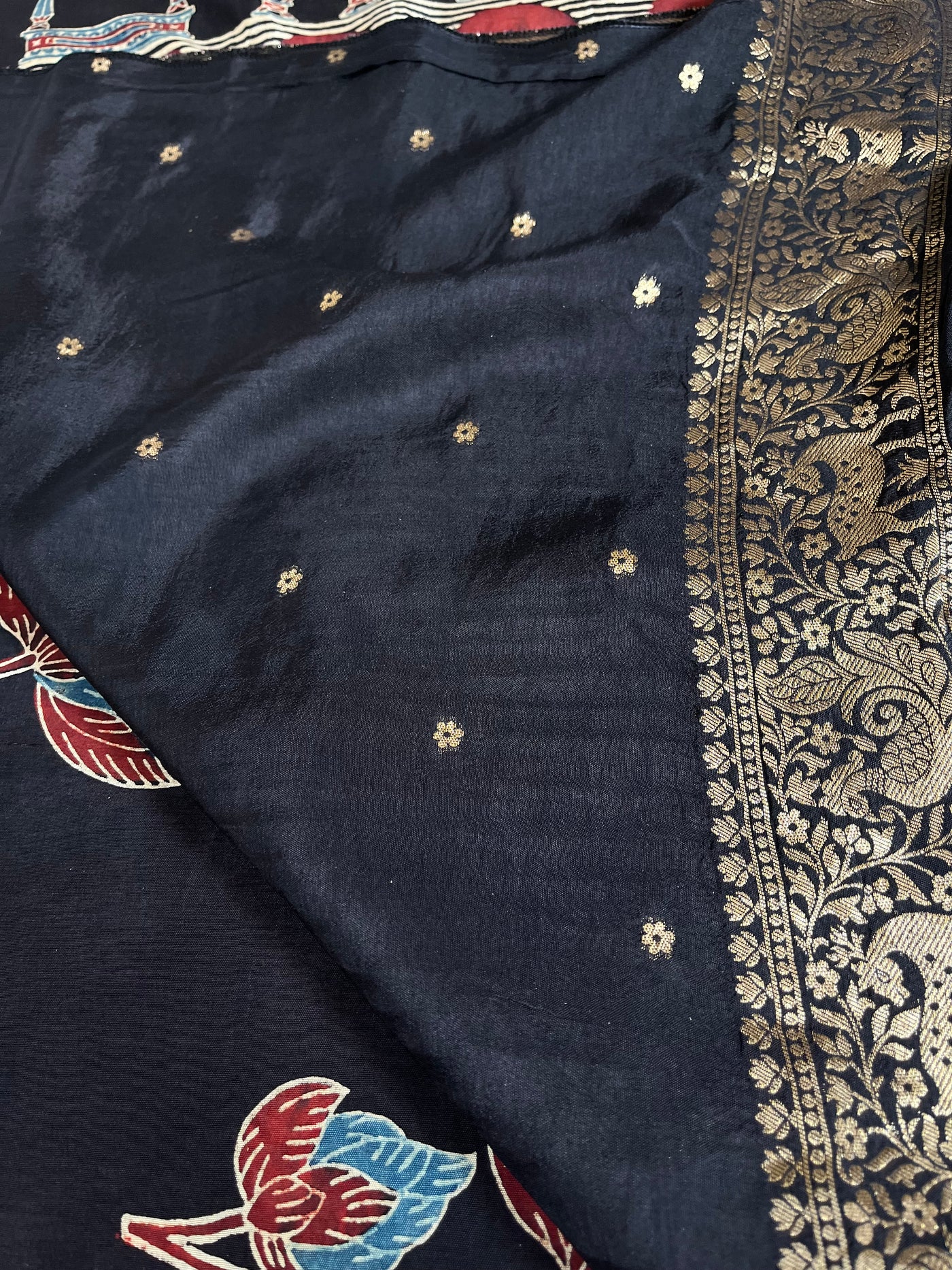 GUNJA:Handblock Ajrakh Dola Silk Ajrakh Saree with Meenakari Pallu