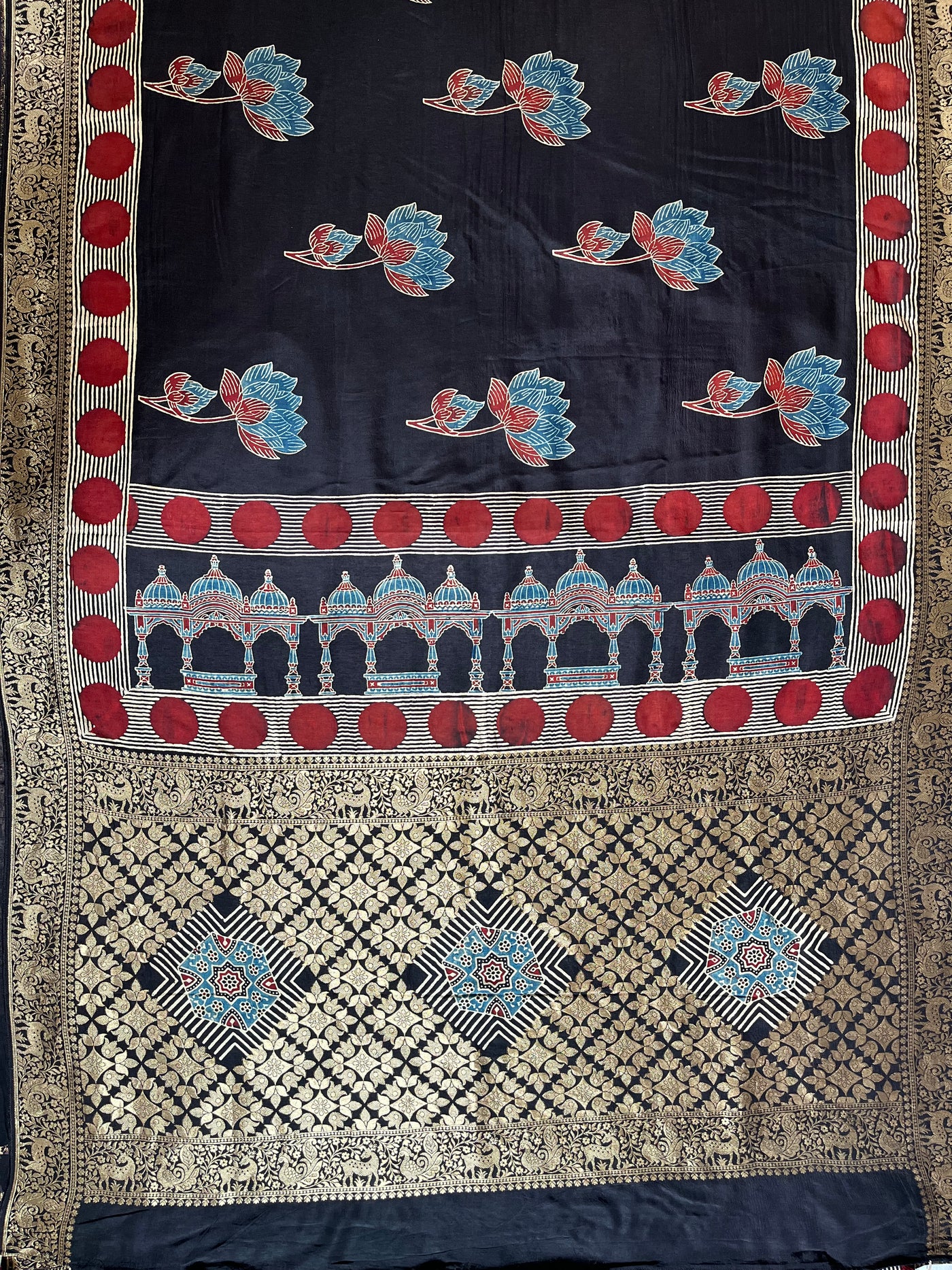 GUNJA:Handblock Ajrakh Dola Silk Ajrakh Saree with Meenakari Pallu