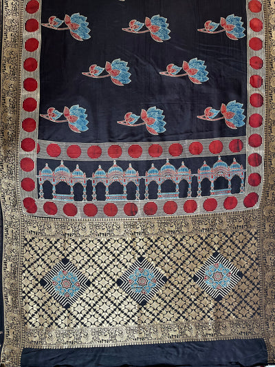 GUNJA:Handblock Ajrakh Dola Silk Ajrakh Saree with Meenakari Pallu