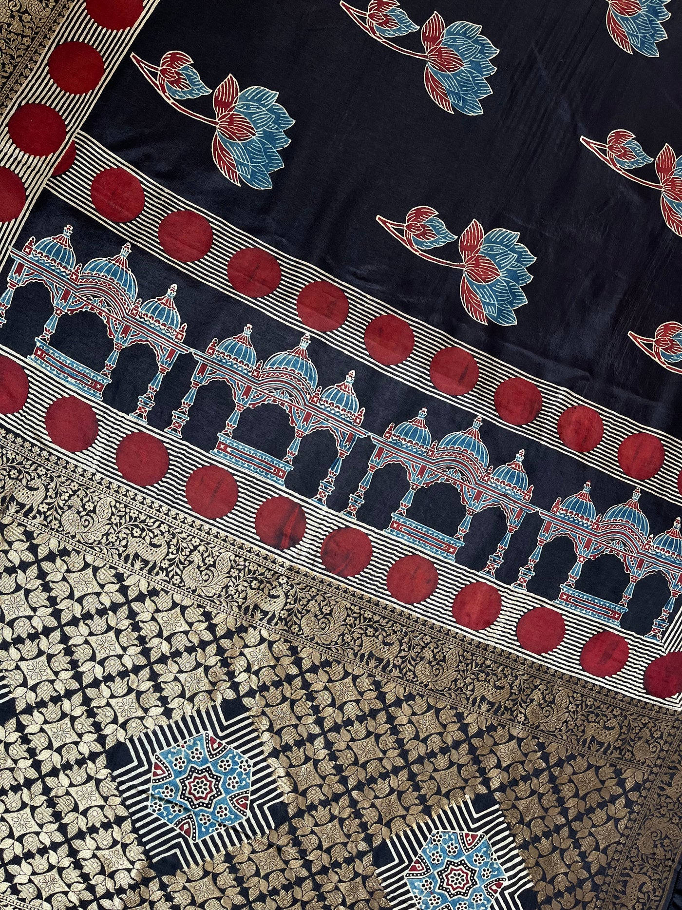 GUNJA:Handblock Ajrakh Dola Silk Ajrakh Saree with Meenakari Pallu