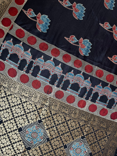 GUNJA:Handblock Ajrakh Dola Silk Ajrakh Saree with Meenakari Pallu