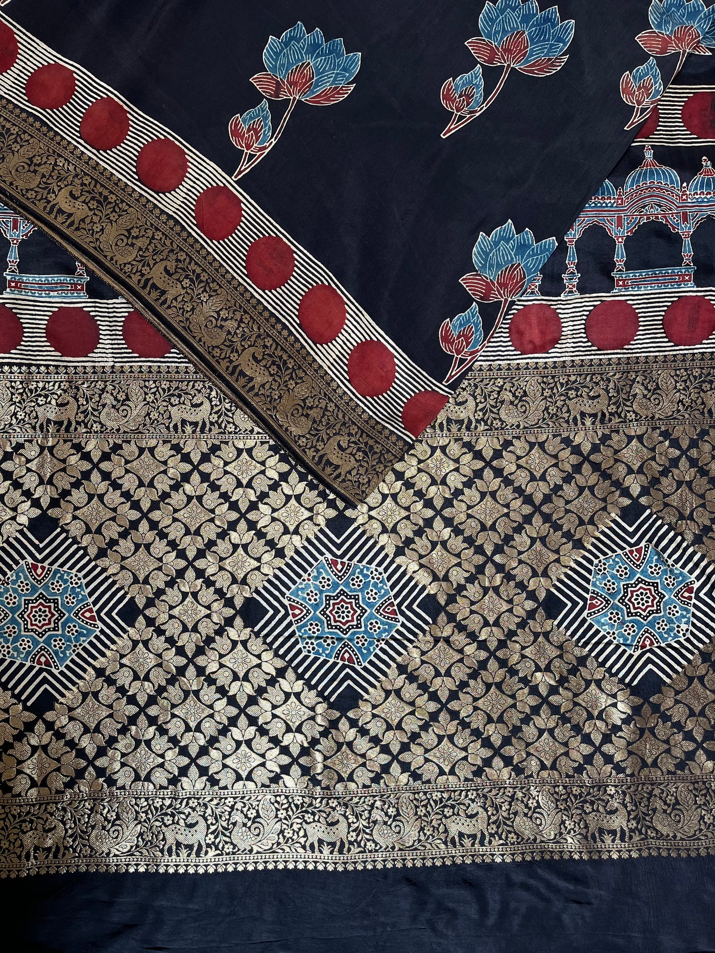 GUNJA:Handblock Ajrakh Dola Silk Ajrakh Saree with Meenakari Pallu