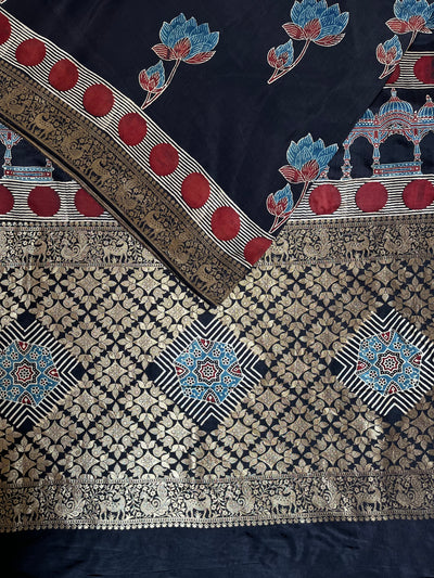 GUNJA:Handblock Ajrakh Dola Silk Ajrakh Saree with Meenakari Pallu