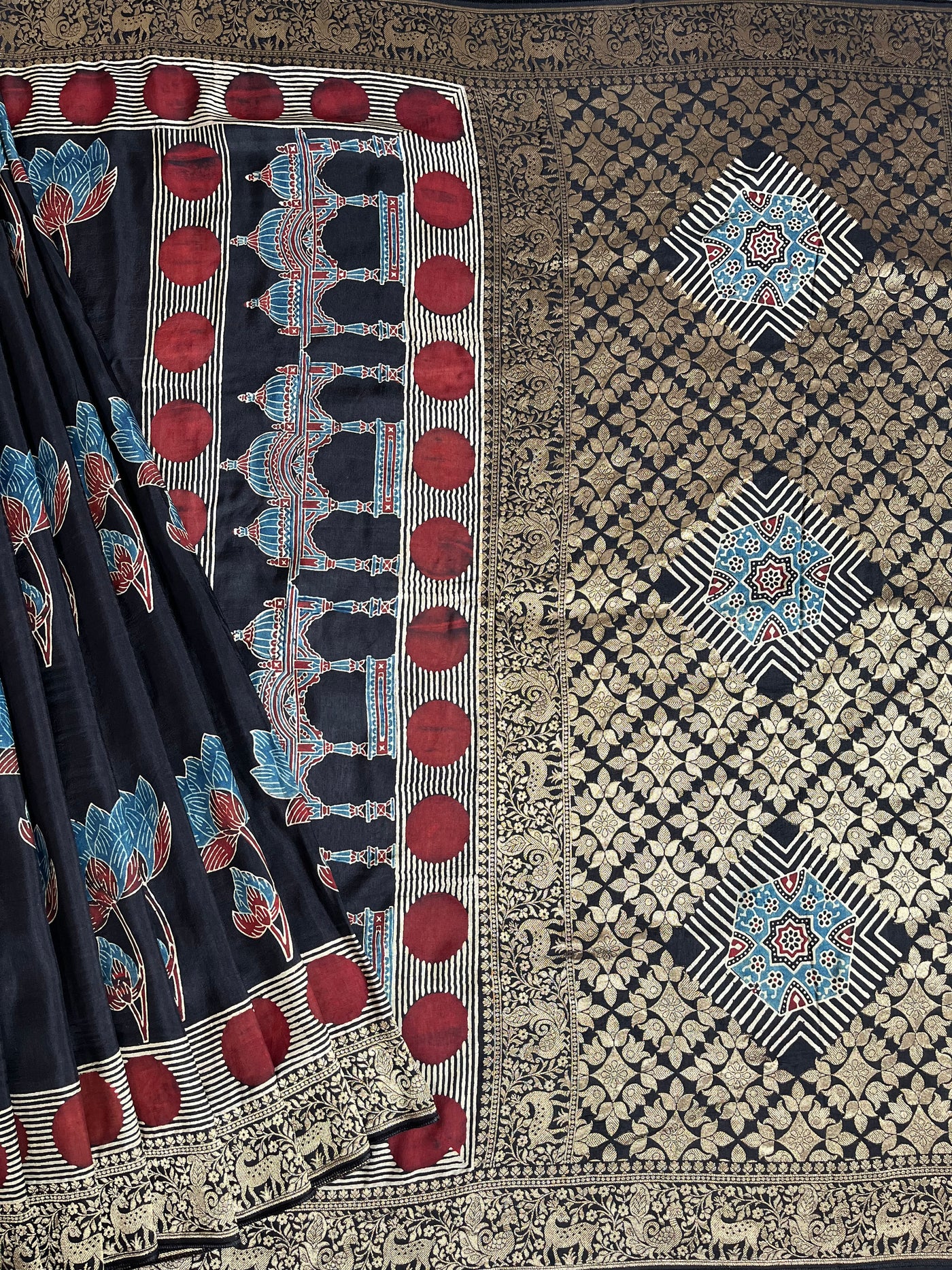 GUNJA:Handblock Ajrakh Dola Silk Ajrakh Saree with Meenakari Pallu