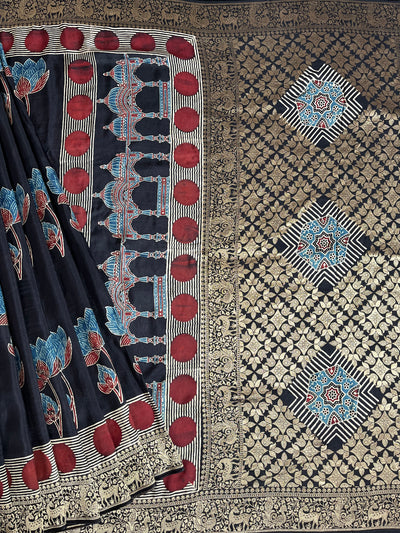 GUNJA:Handblock Ajrakh Dola Silk Ajrakh Saree with Meenakari Pallu