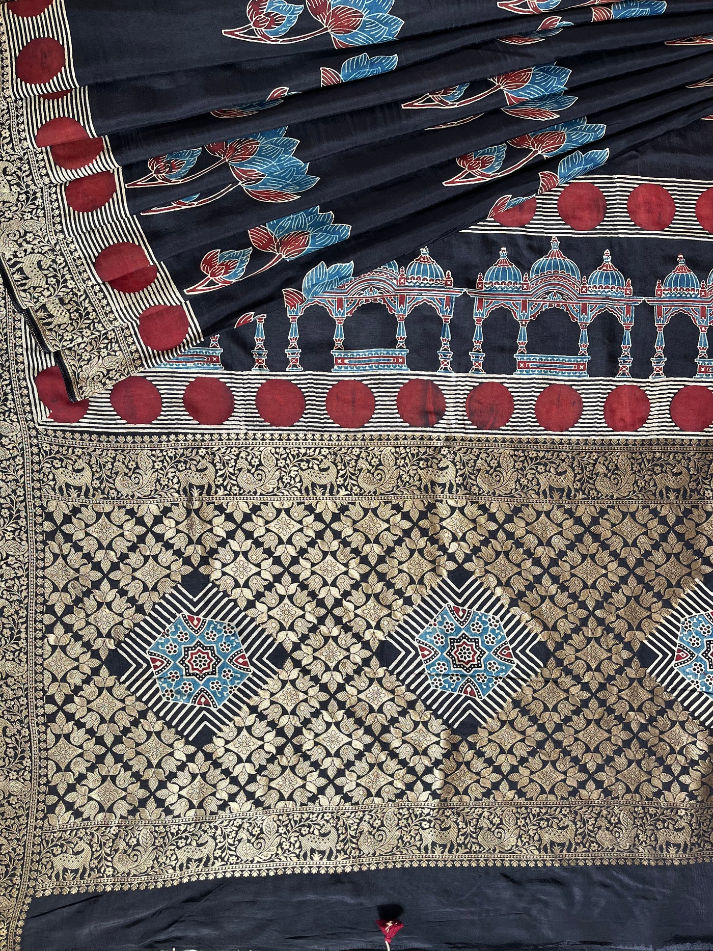 GUNJA:Handblock Ajrakh Dola Silk Ajrakh Saree with Meenakari Pallu