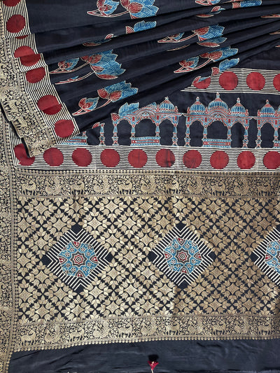 GUNJA:Handblock Ajrakh Dola Silk Ajrakh Saree with Meenakari Pallu