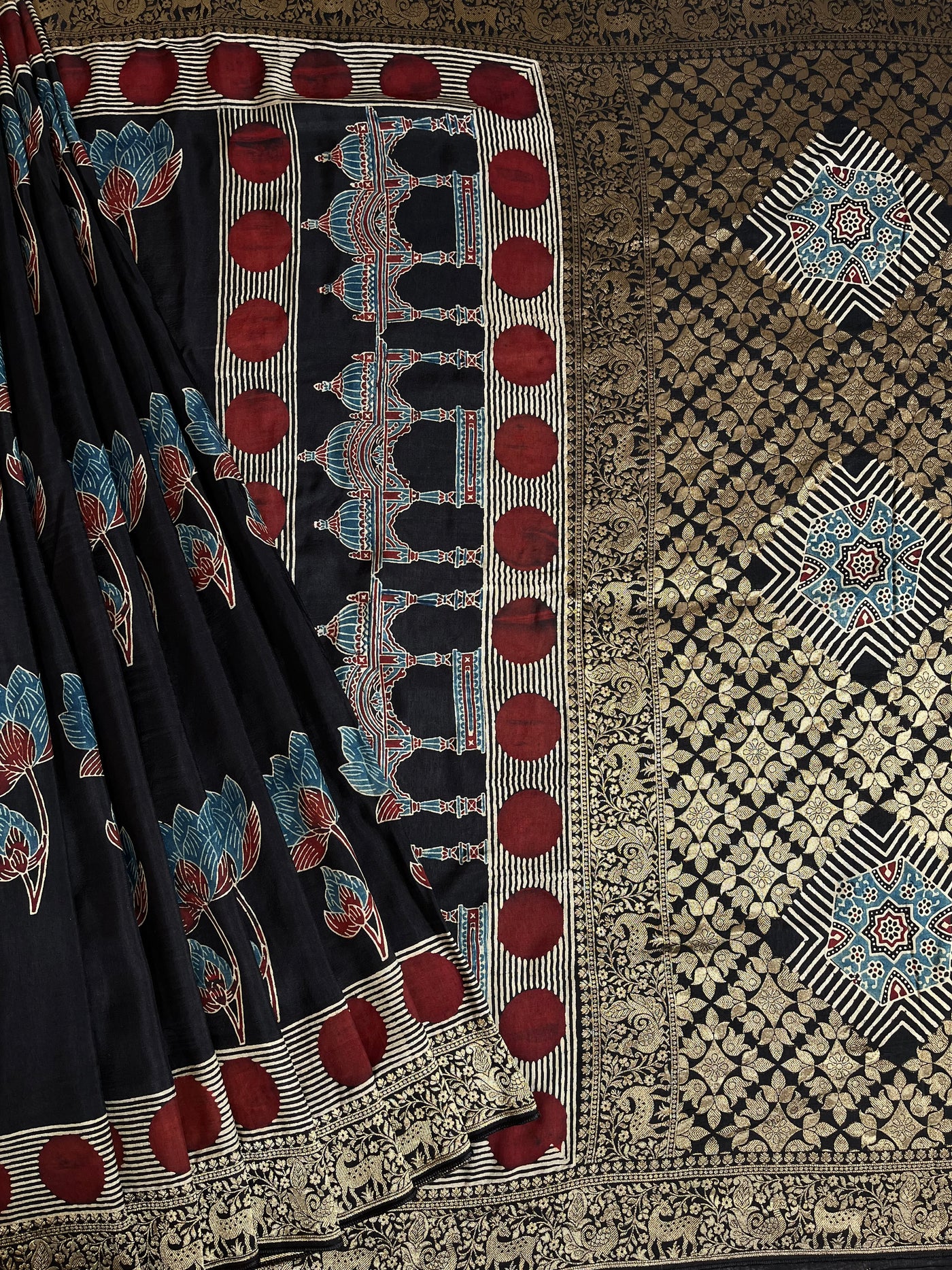 GUNJA:Handblock Ajrakh Dola Silk Ajrakh Saree with Meenakari Pallu