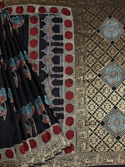 GUNJA:Handblock Ajrakh Dola Silk Ajrakh Saree with Meenakari Pallu