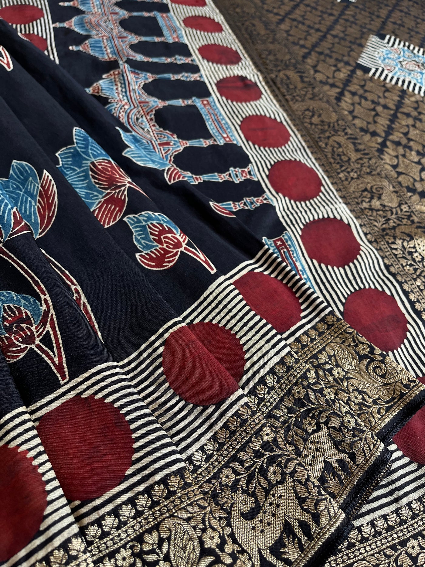 GUNJA:Handblock Ajrakh Dola Silk Ajrakh Saree with Meenakari Pallu