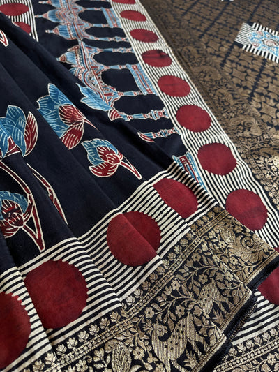 GUNJA:Handblock Ajrakh Dola Silk Ajrakh Saree with Meenakari Pallu