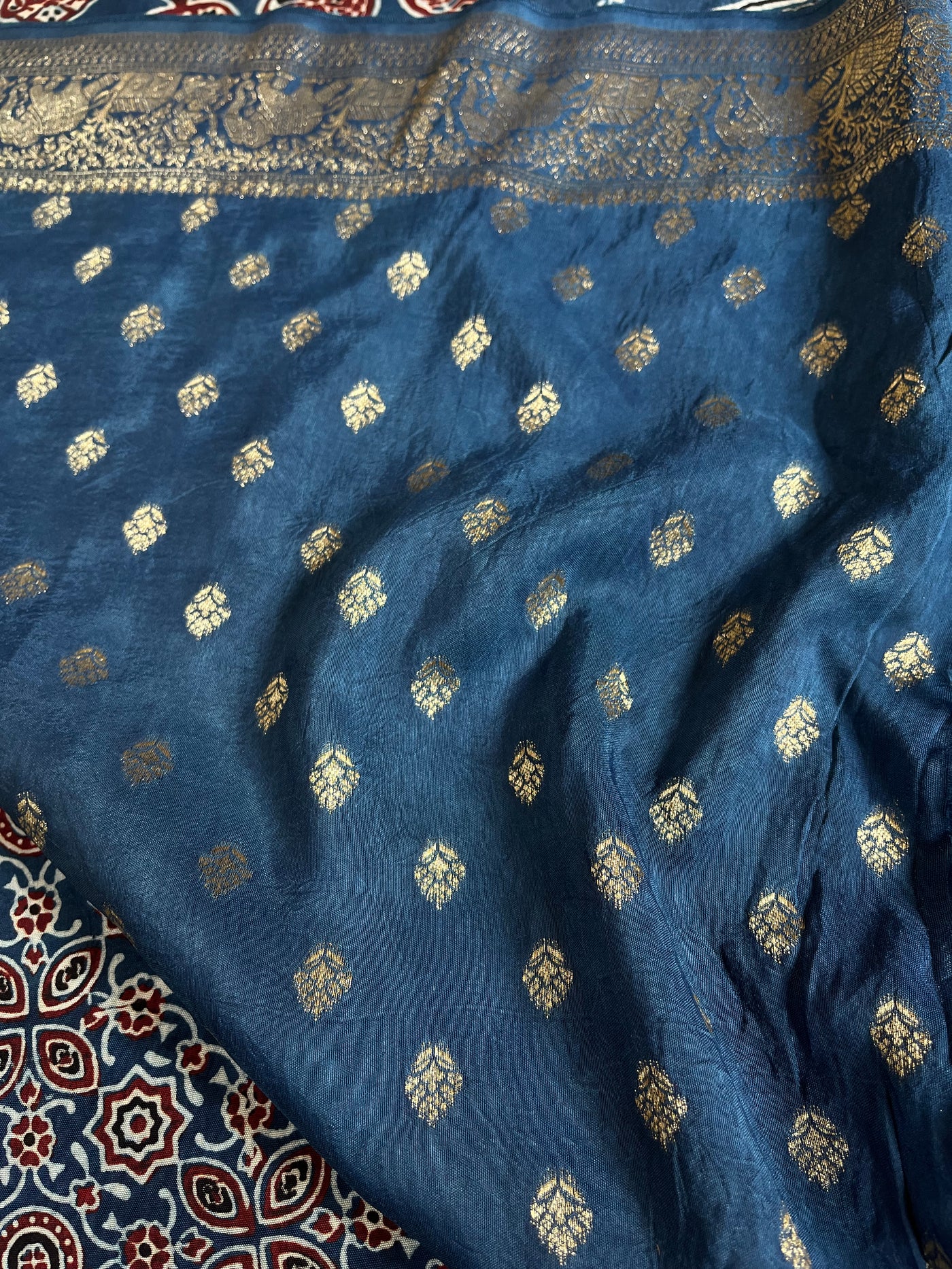 NALINI: Handblock Ajrakh Dola Silk Saree with Meenakari Pallu