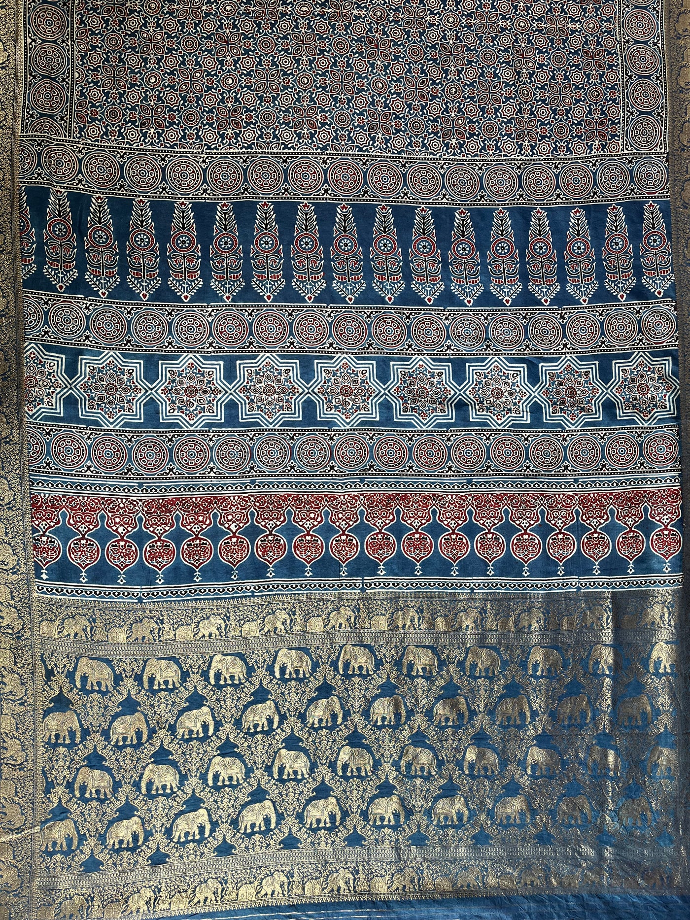 NALINI: Handblock Ajrakh Dola Silk Saree with Meenakari Pallu
