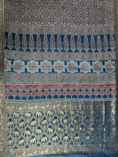 NALINI: Handblock Ajrakh Dola Silk Saree with Meenakari Pallu