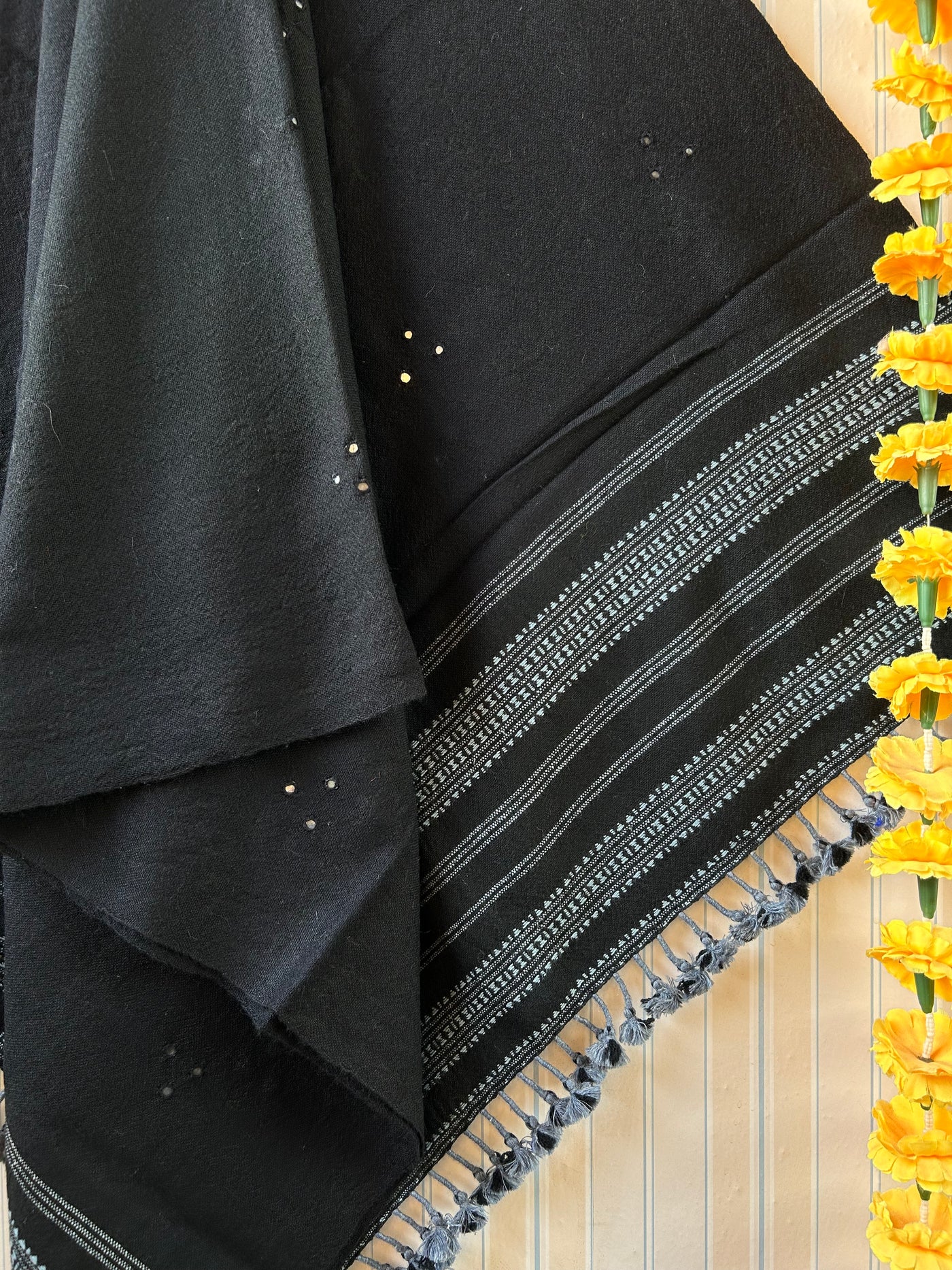 My Favourite Black: Handloom Marino Wool bhujodi shawl with mirror work