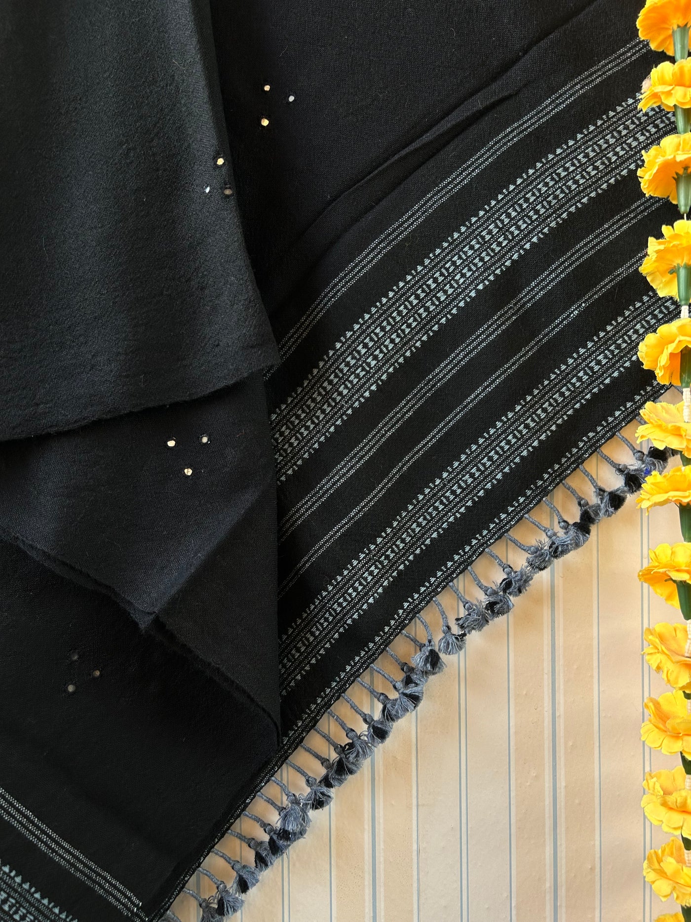 My Favourite Black: Handloom Marino Wool bhujodi shawl with mirror work