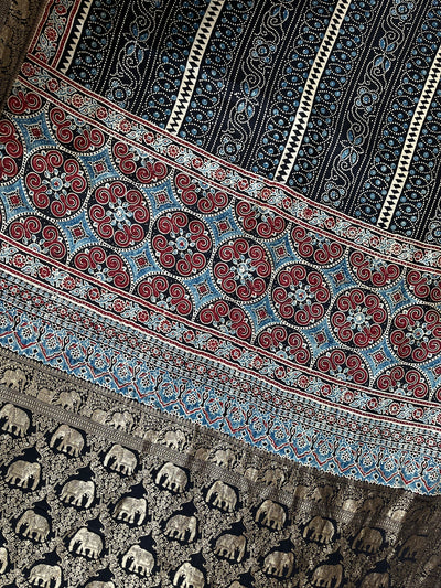 MAHIRA: Premium DolaSilk Meenakari Pallu Ajrakh Saree
