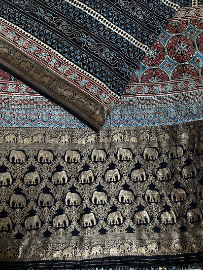 MAHIRA: Premium DolaSilk Meenakari Pallu Ajrakh Saree