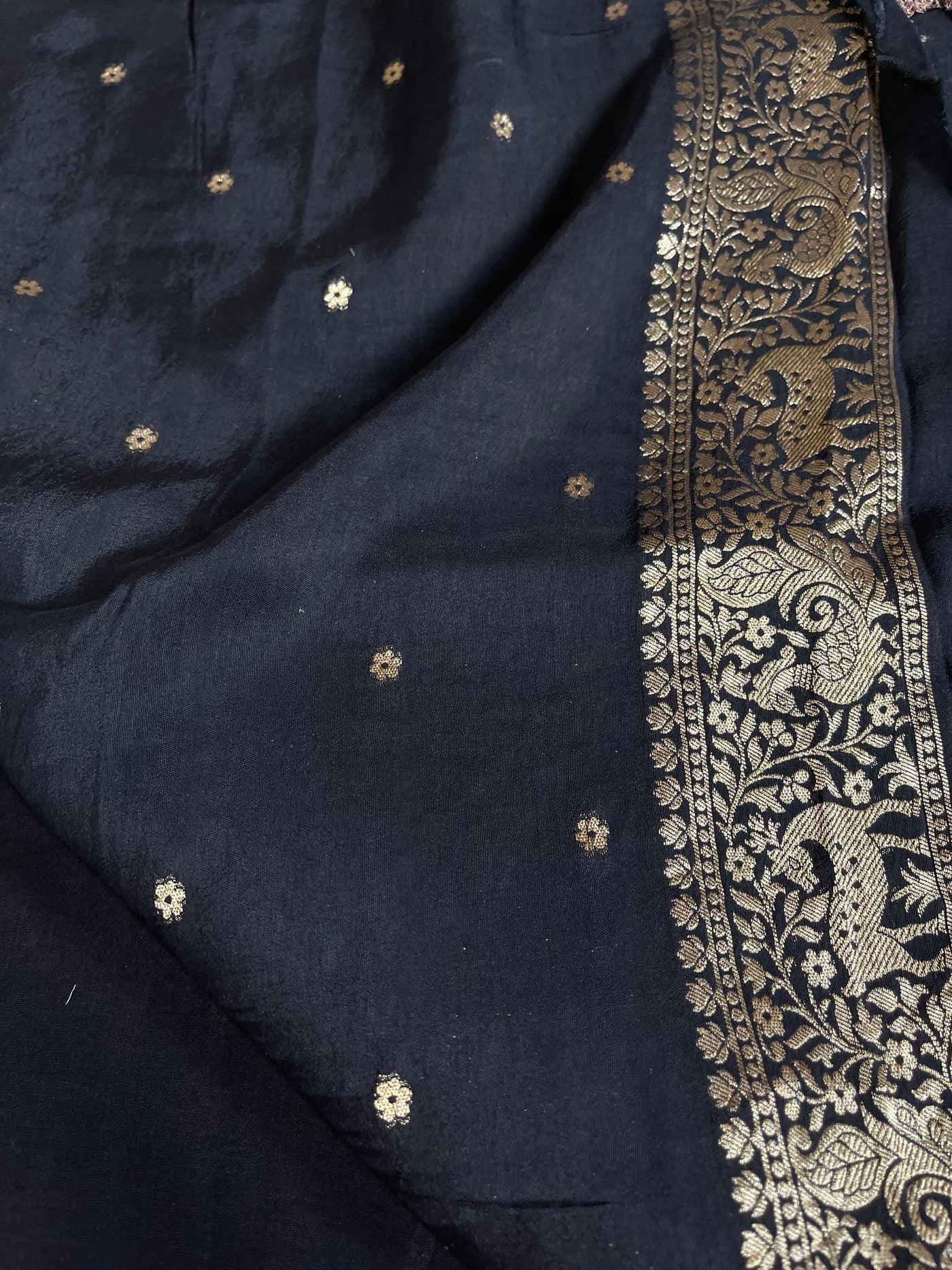 Neelima: HANDBLOCK AJRAKH DOLA SILK SAREE WITH MEENAKARI PALLU.