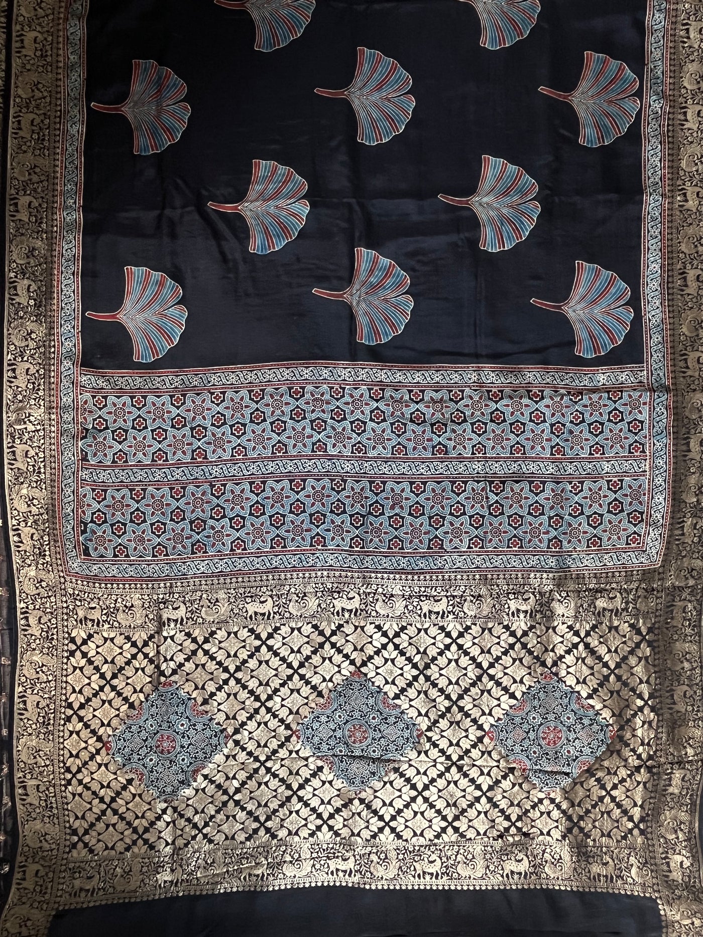 Neelima: HANDBLOCK AJRAKH DOLA SILK SAREE WITH MEENAKARI PALLU.