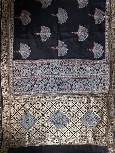 Neelima: HANDBLOCK AJRAKH DOLA SILK SAREE WITH MEENAKARI PALLU.