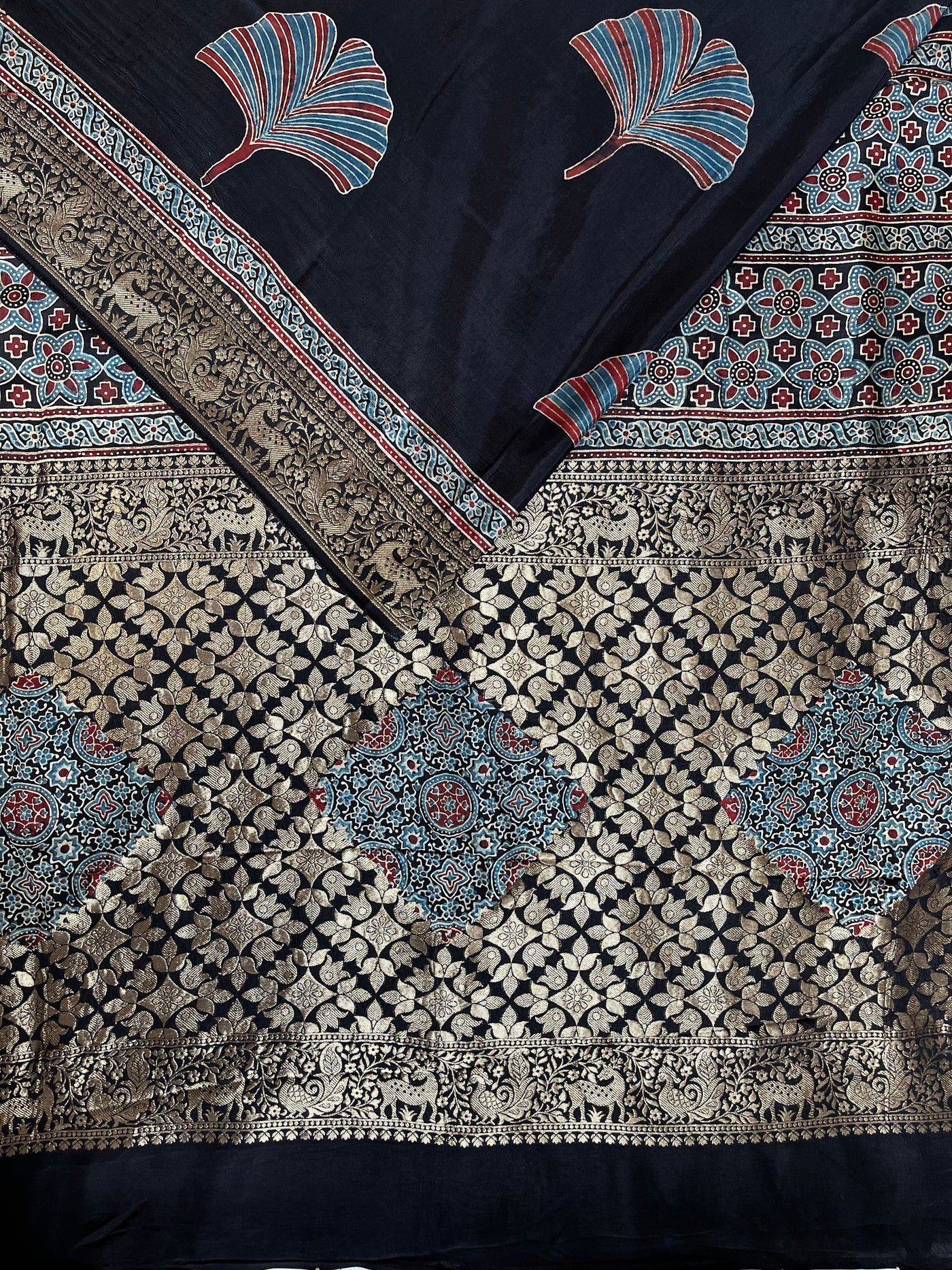 Neelima: HANDBLOCK AJRAKH DOLA SILK SAREE WITH MEENAKARI PALLU.