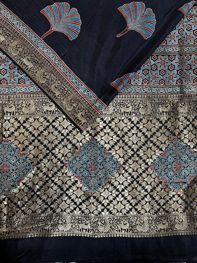 Neelima: HANDBLOCK AJRAKH DOLA SILK SAREE WITH MEENAKARI PALLU.