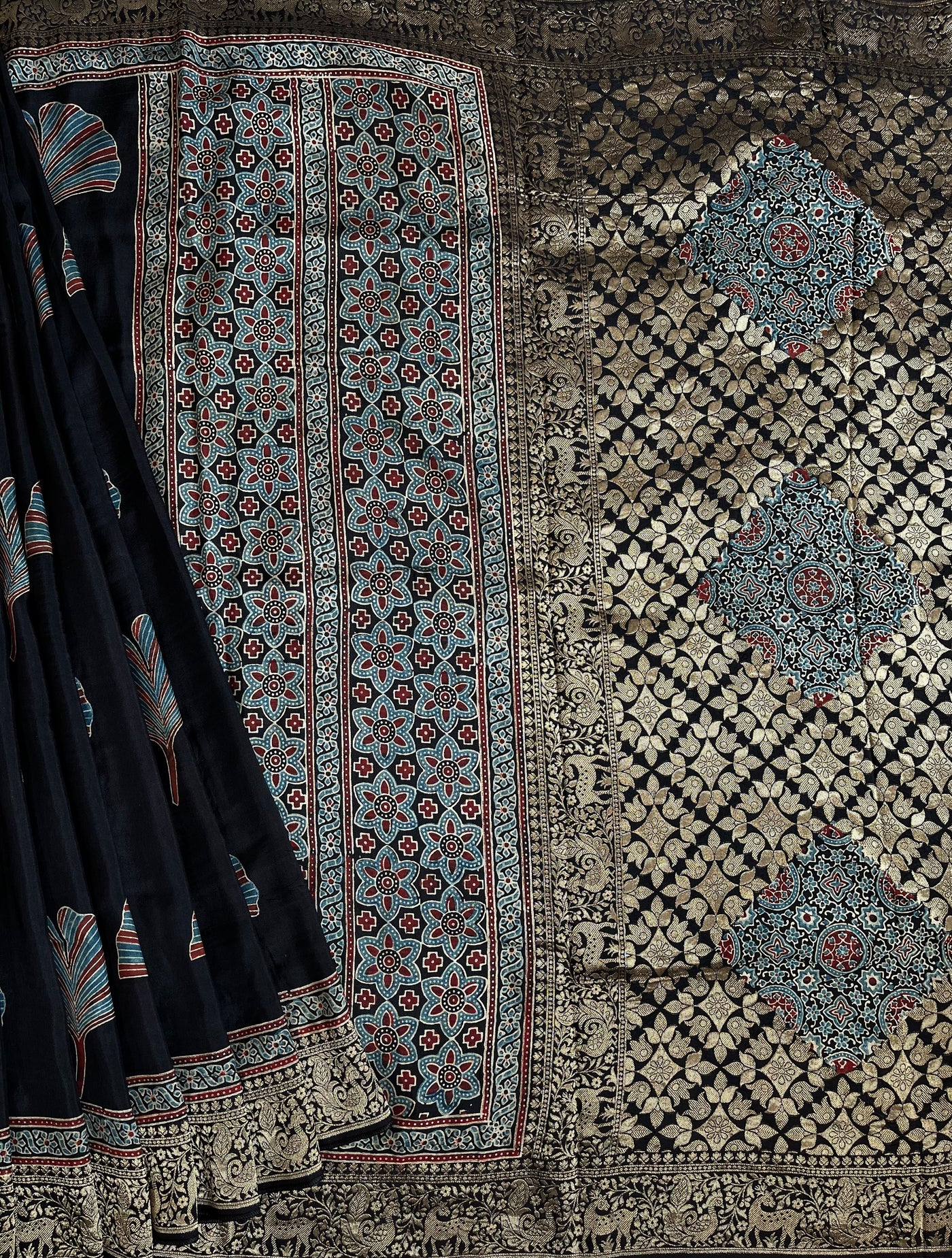 Neelima: HANDBLOCK AJRAKH DOLA SILK SAREE WITH MEENAKARI PALLU.