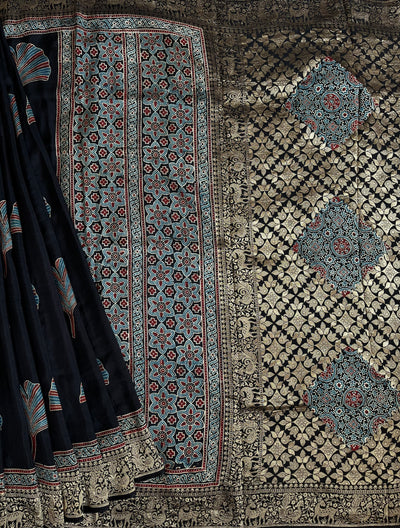 Neelima: HANDBLOCK AJRAKH DOLA SILK SAREE WITH MEENAKARI PALLU.
