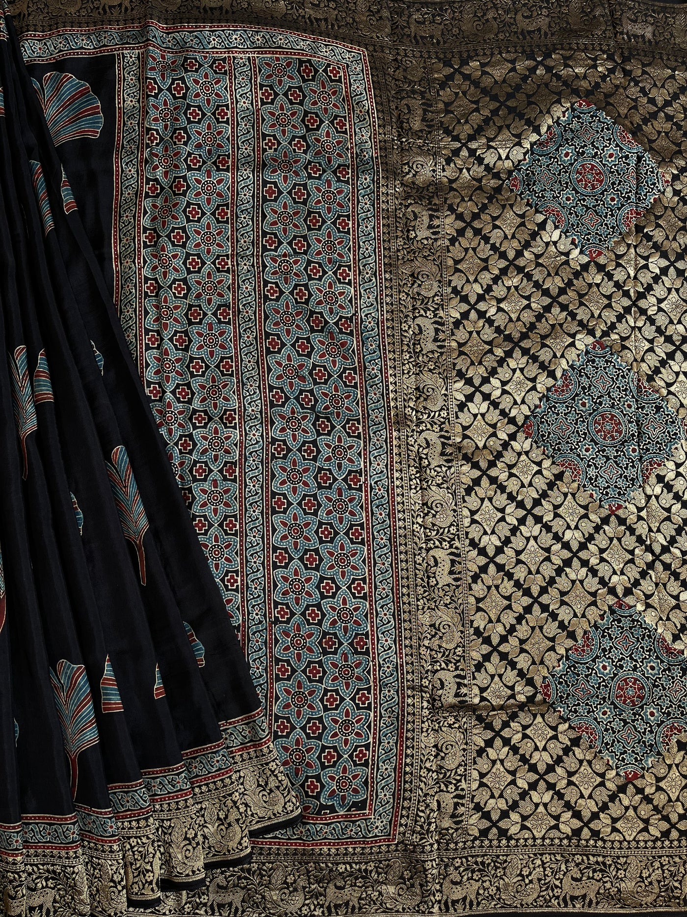 Neelima: HANDBLOCK AJRAKH DOLA SILK SAREE WITH MEENAKARI PALLU.