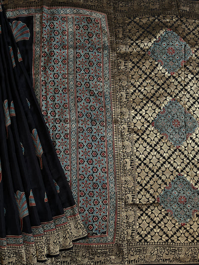 Neelima: HANDBLOCK AJRAKH DOLA SILK SAREE WITH MEENAKARI PALLU.