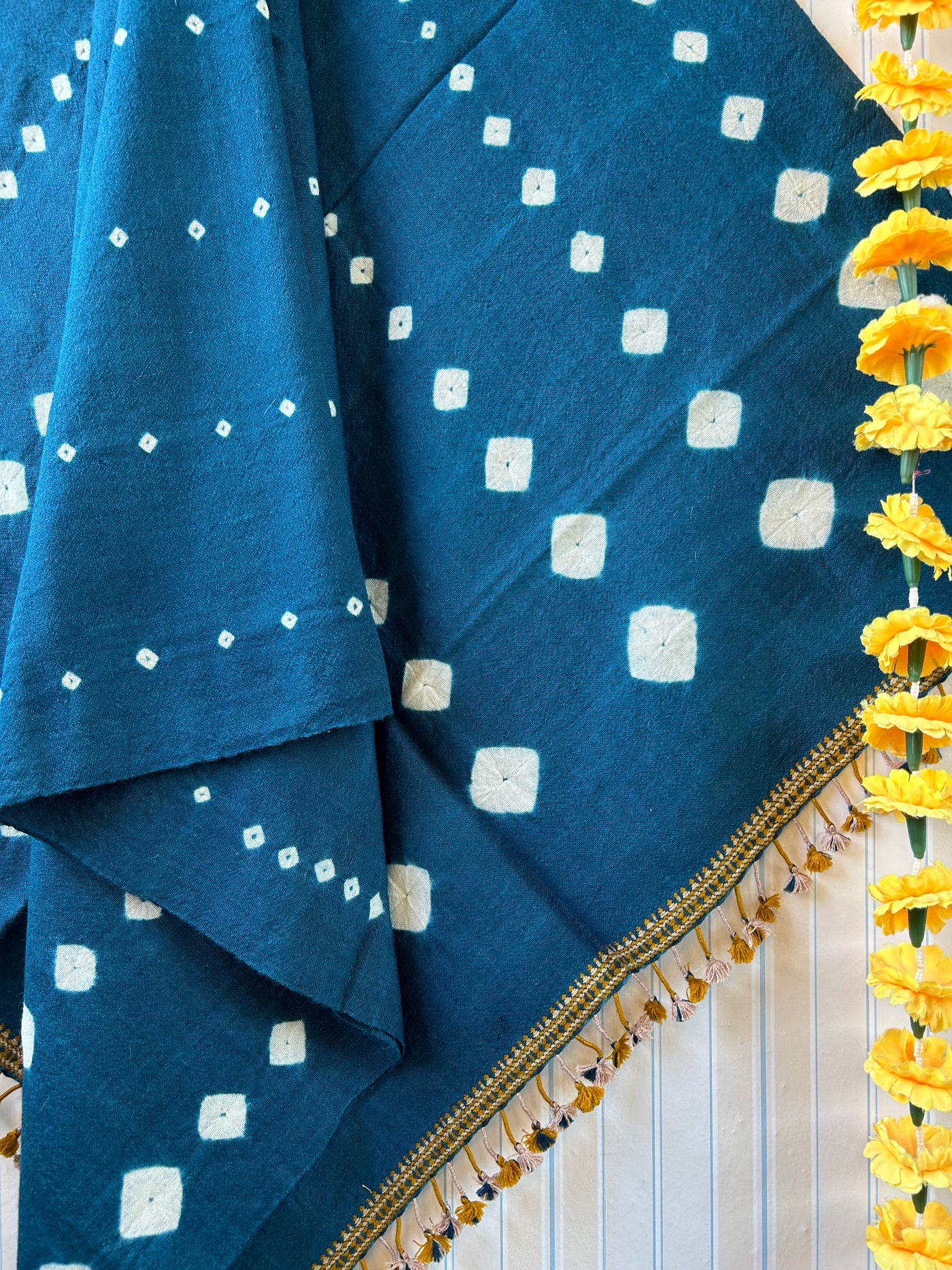The blue saga:Handloom Marino Wool bandhni shawl