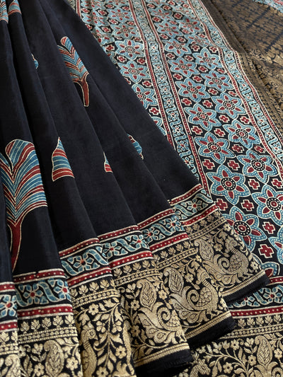 Neelima: HANDBLOCK AJRAKH DOLA SILK SAREE WITH MEENAKARI PALLU.