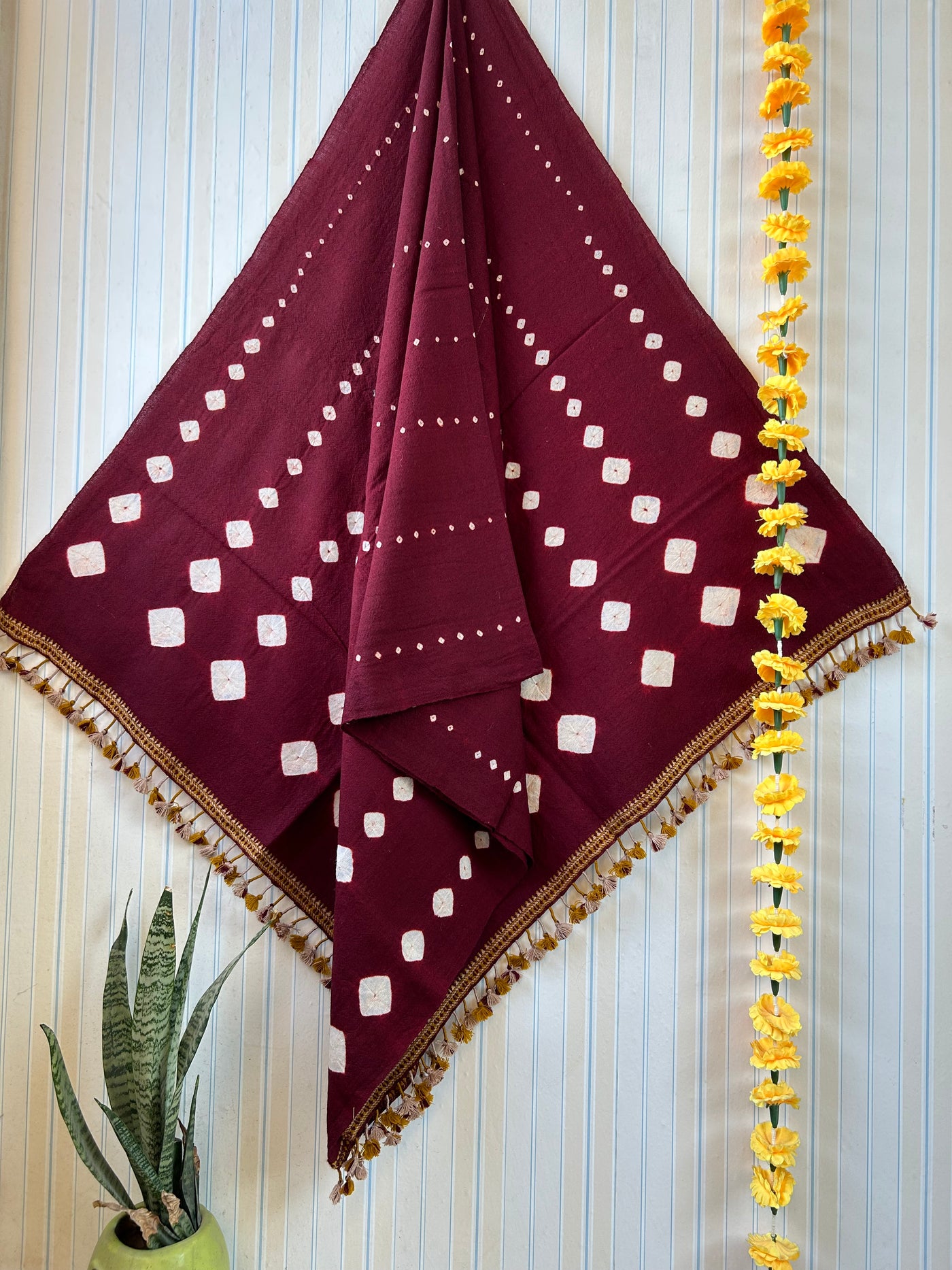 Magical maroon:Handloom Marino Wool bandhni shawl