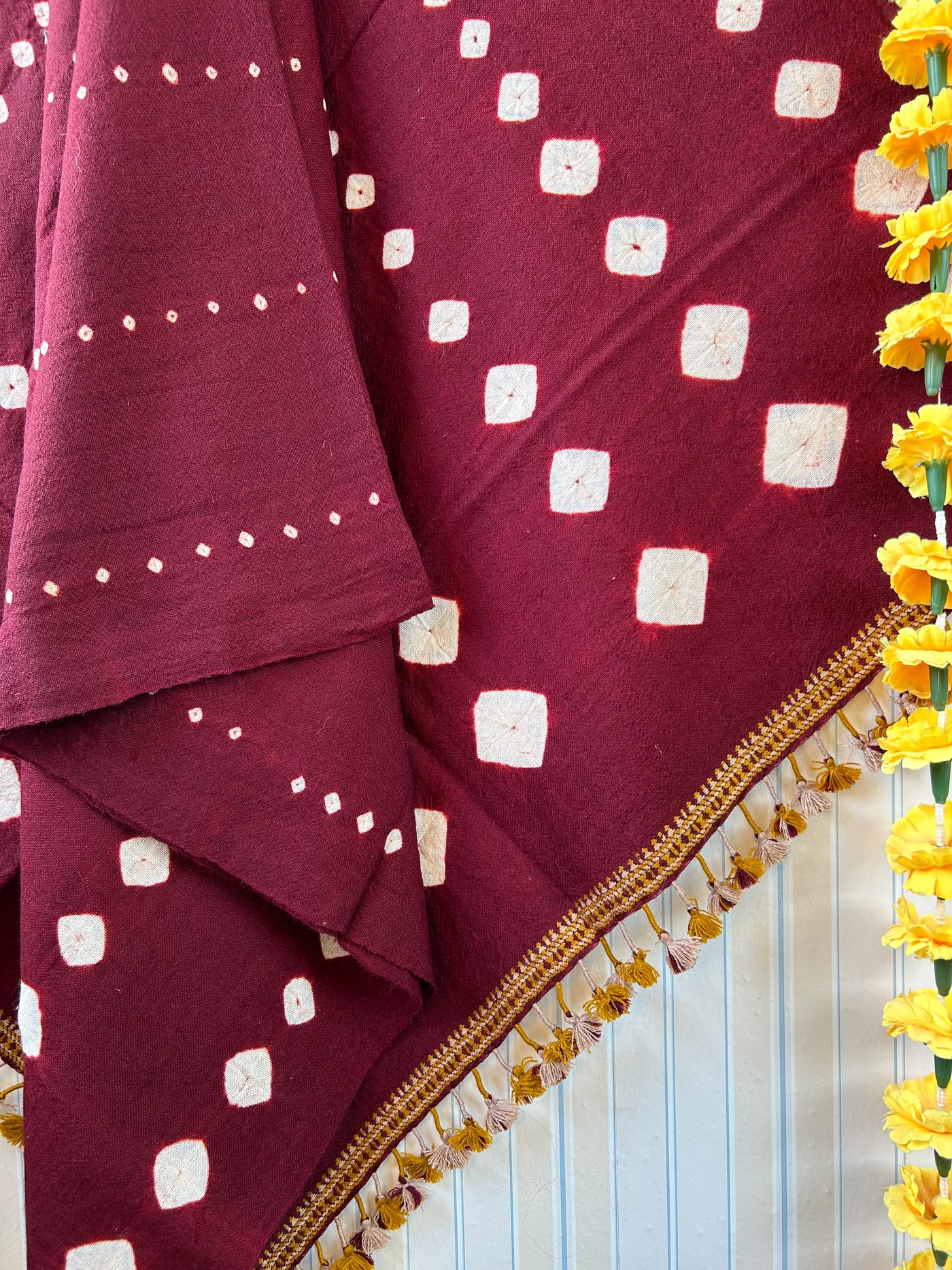 Magical maroon:Handloom Marino Wool bandhni shawl